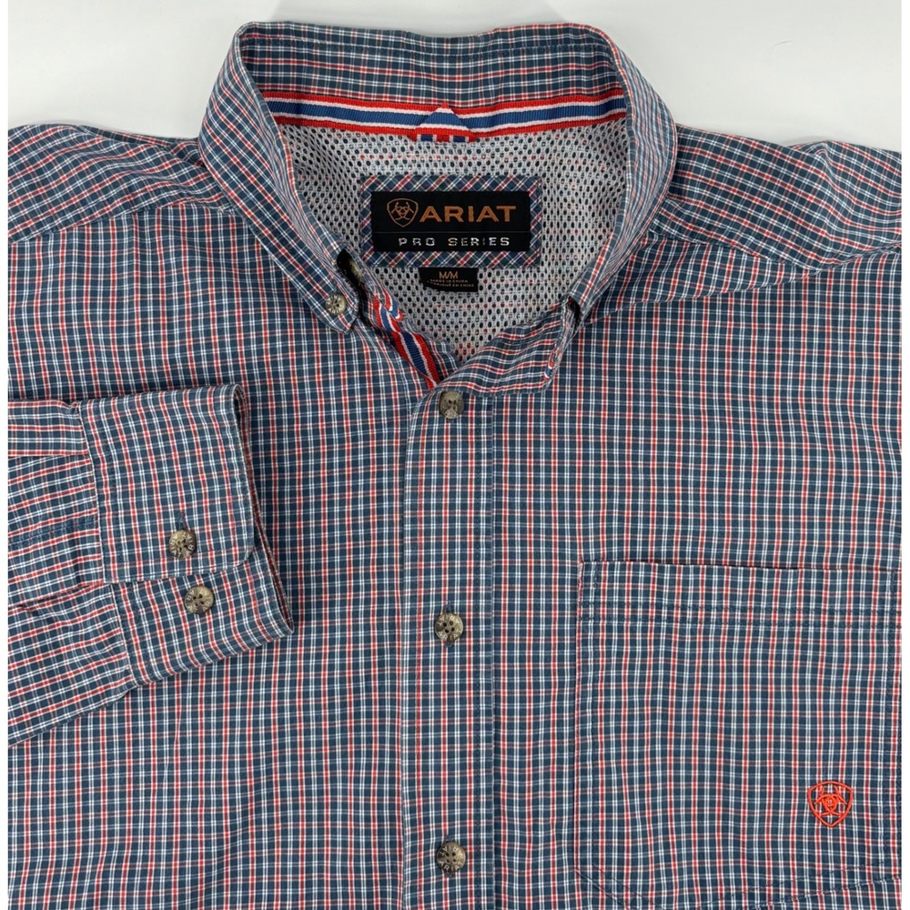 Ariat Pro Series Shirt Men Medium Blue Red Plaid Long Sleeve Button Down Vented